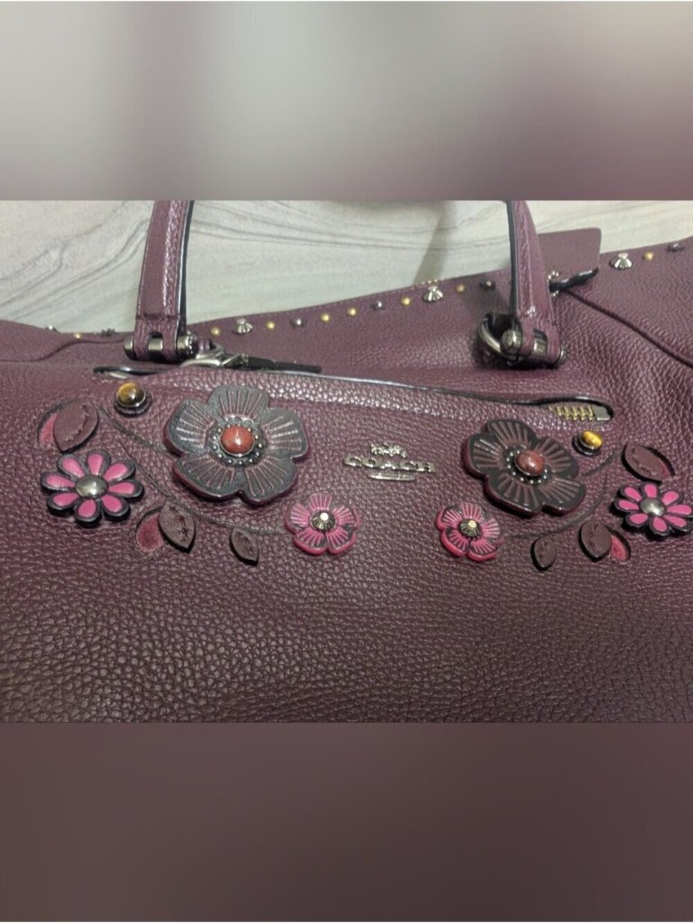🔥 RARE🔥 Coach Dark Oxblood With Multi-Colored Tea Floral - Satchel Tote Bag - Picture 9 of 16